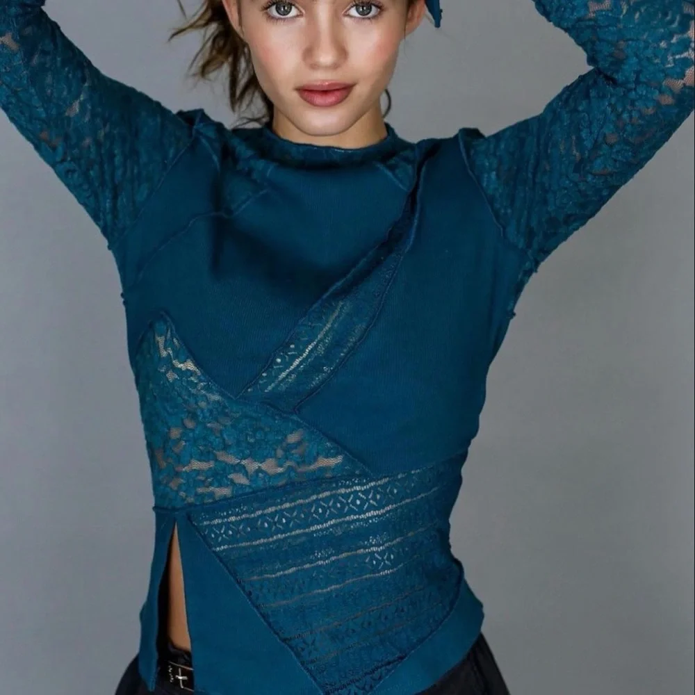 Free People first frost lace layering long sleeve thermal in teal‎ Sz S NWT